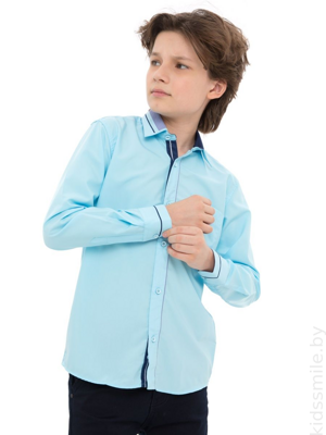 Рубашка для мальчика с кантом, бирюзовый, 116-122